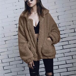 NWT PrettyGarden Sherpa Fleece Faux Fur Oversized Teddy Jacket, Coffee, XL